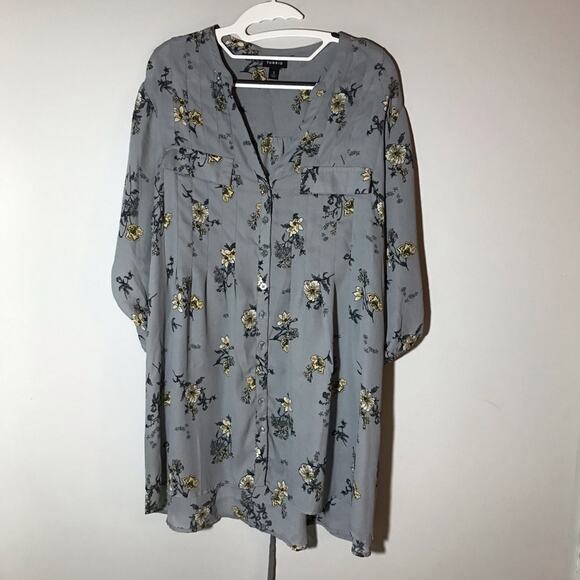 Torrid sz 2 v neck grey with yellow floral tie back tunic top button up feminine - Picture 1 of 11